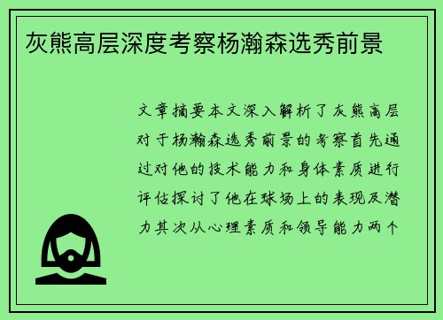 灰熊高层深度考察杨瀚森选秀前景